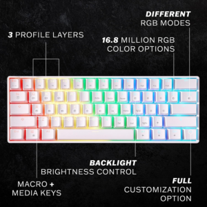GK61 Mechanical Gaming Keyboard - 61 Keys Multi Color RGB Illuminated LED Backlit Wired Programmable for Pc/Mac Gamer (Gateron Optical Brown, White) - Image 3