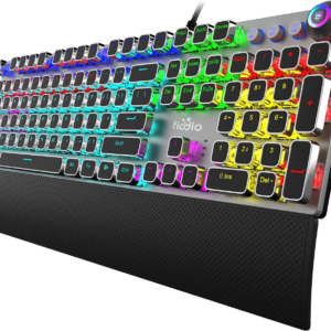 Mechanical Gaming Keyboard, LED Rainbow Gaming Backlit, 104 Anti-Ghosting Keys, Quick-Response Black Switches, Multimedia Control for PC and Desktop Computer, with Removable Hand Rest